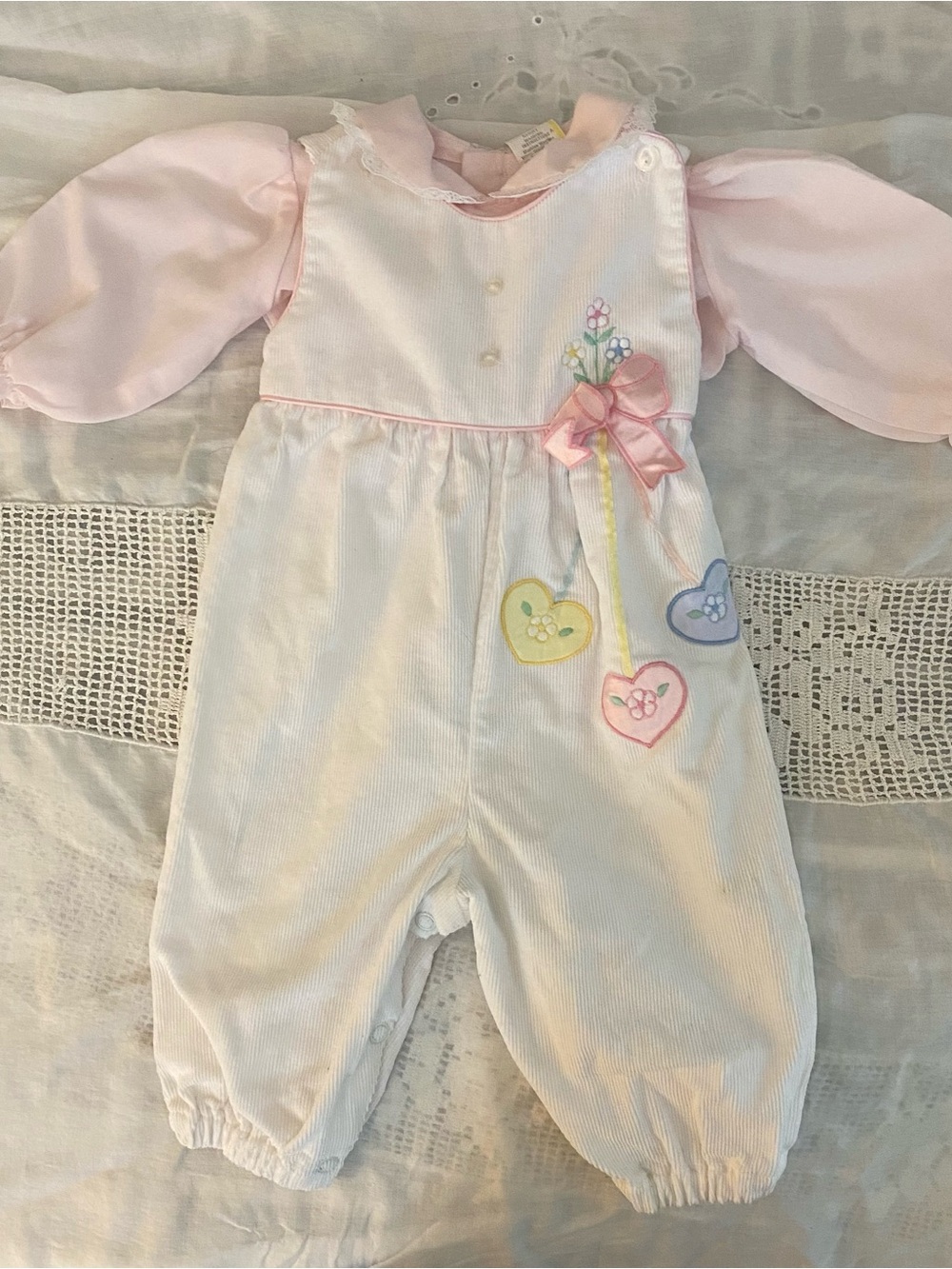 Vintage Baby Girls Pink Corduroy Romper Jumpsuit Hearts Balloon Sleeve 3-6M